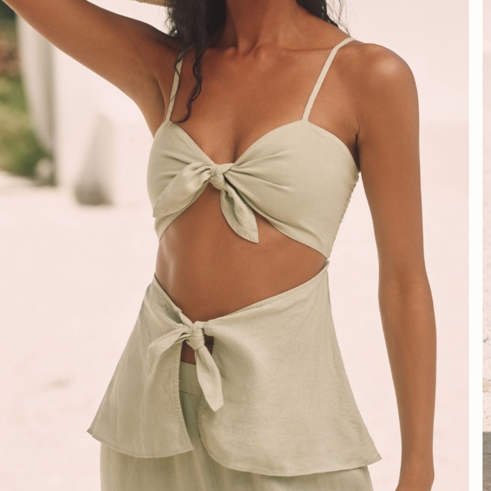 Anthropologie Celandine Pistachio Linen Blend Tie Front Cut Out Tank L NWT